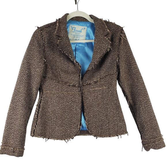 Vintage Fossil Women's S Frayed Tweed Open Blazer Jacket Brown Old Money Preppy - Picture 1 of 10